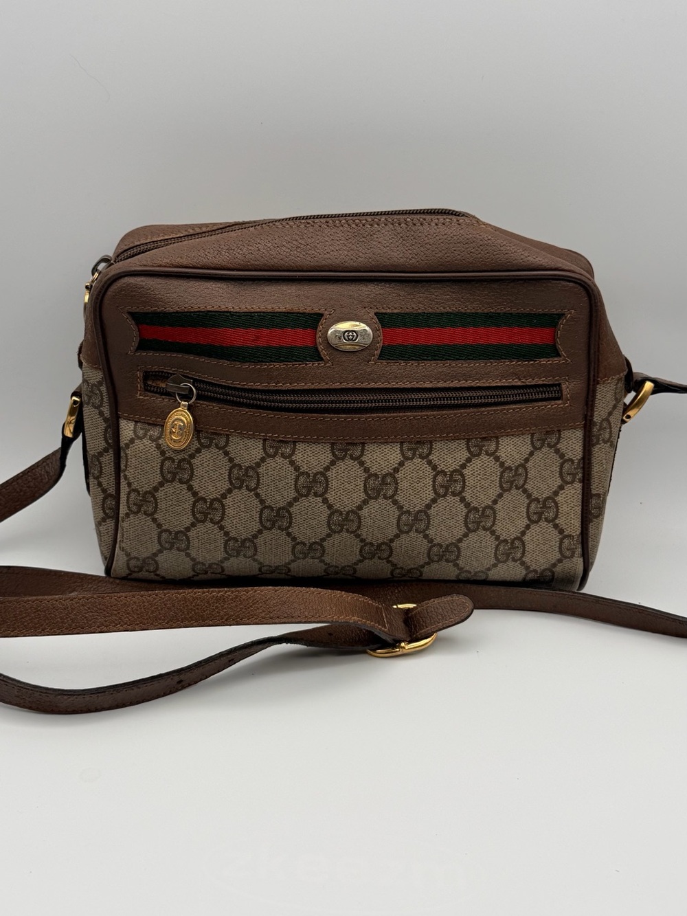 Gucci Brown GG Canvas Shoulder Bag with Red and Green Web Stripe Vintage.